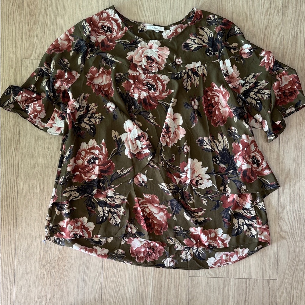 Boho Pleione Olive Floral Blouse with Ruffle Sleeves
